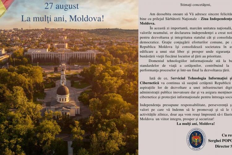 Mesajul de felicitare al Directorului Serviciul Tehnologia Informației și Securitate Cibernetică cu ocazia Zilei Independenței